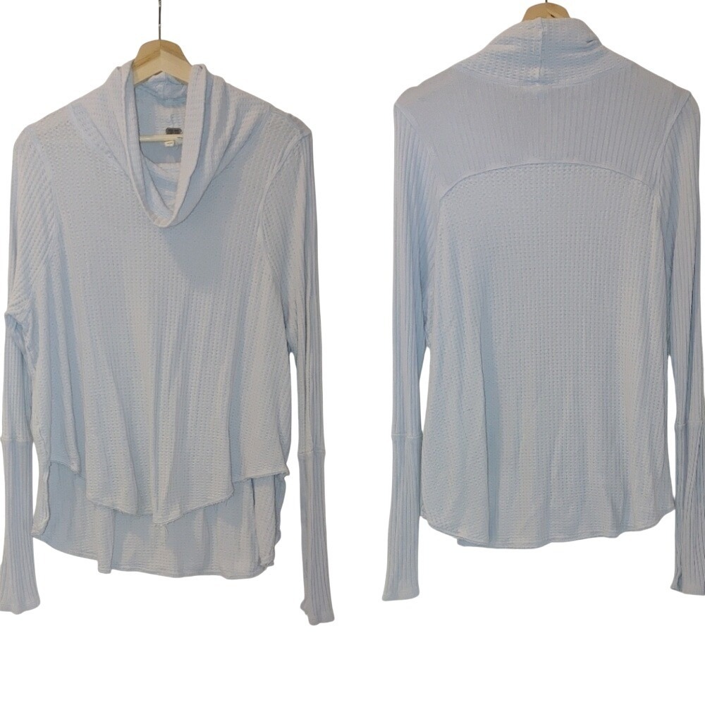 We the Free People Waffle Knit Funnel Cowl Neck Tunic Long Sleeve M Blue Purple